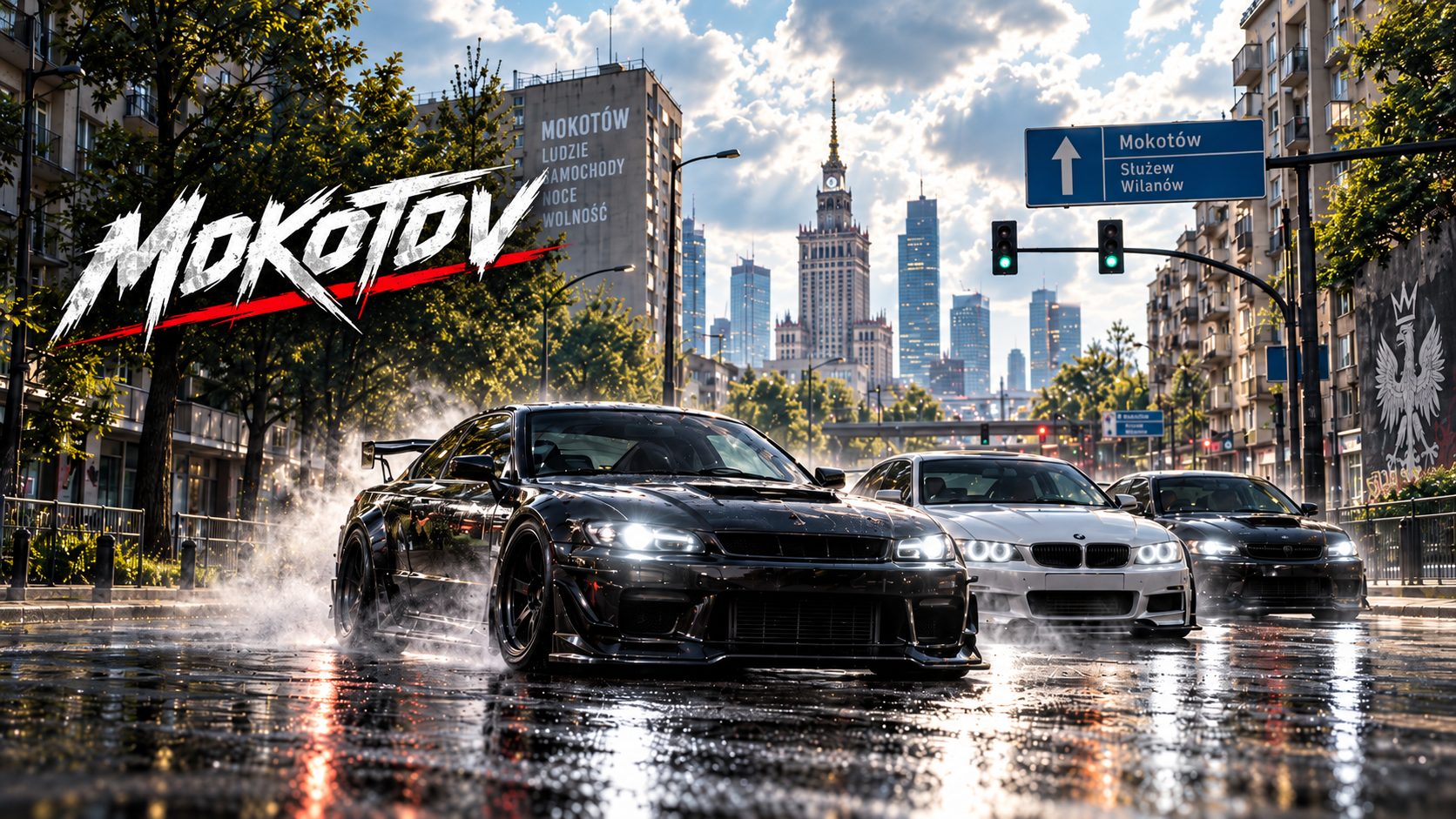 MOKOTOV key art: a black tuned coupe leads two cars across a rain-soaked street in Mokotów, Warsaw, with the Palace of Culture and Science on the skyline.